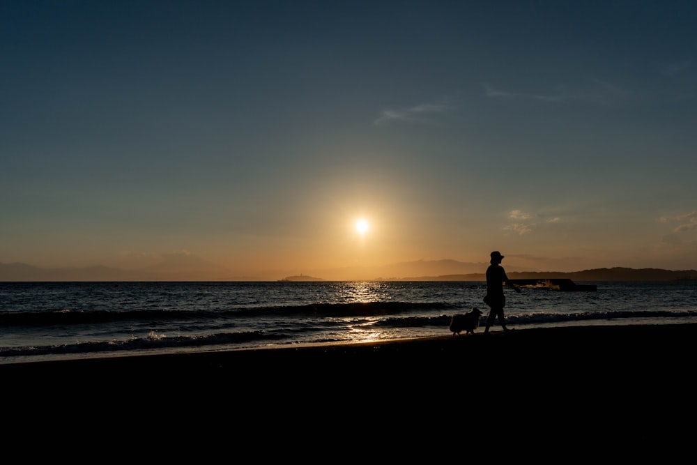 a person walking a dog on a beach at sunset