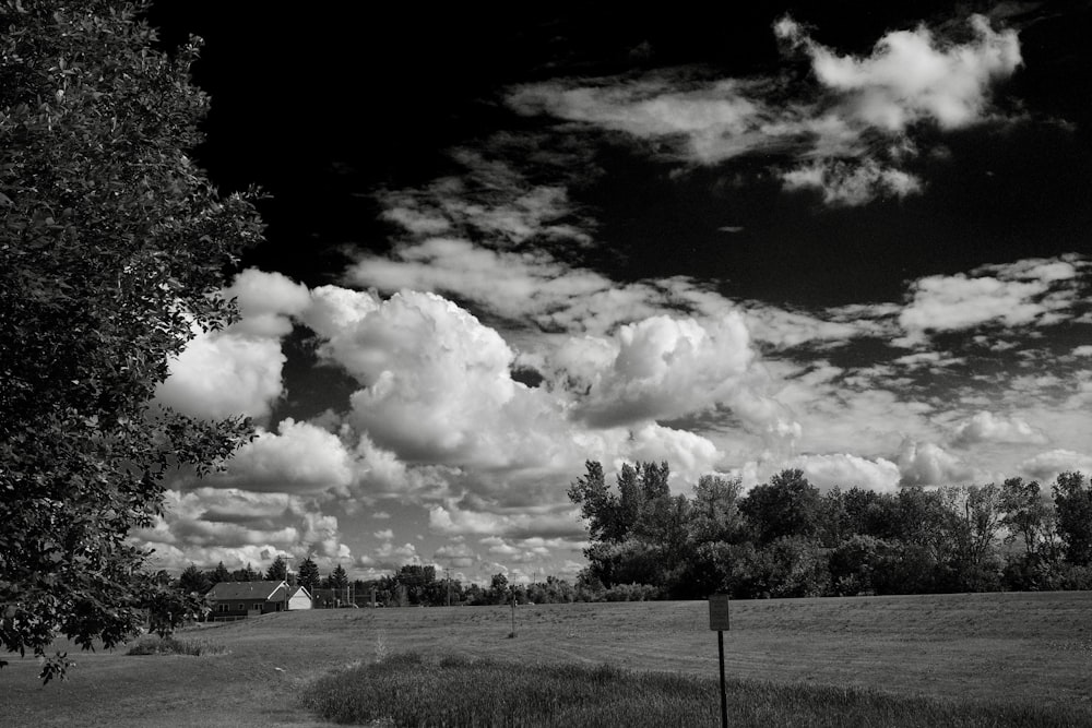 들판 위에 구름이 있는 흑백 사진