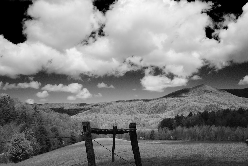 a black and white photo of a gate in a field