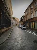 a cobblestone street lined with parked cars