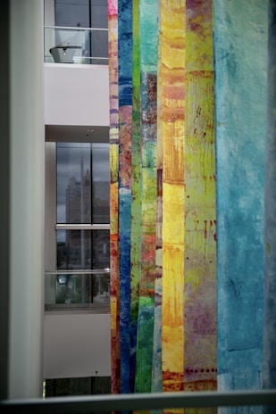 A vibrant artwork displayed in a modern setting.