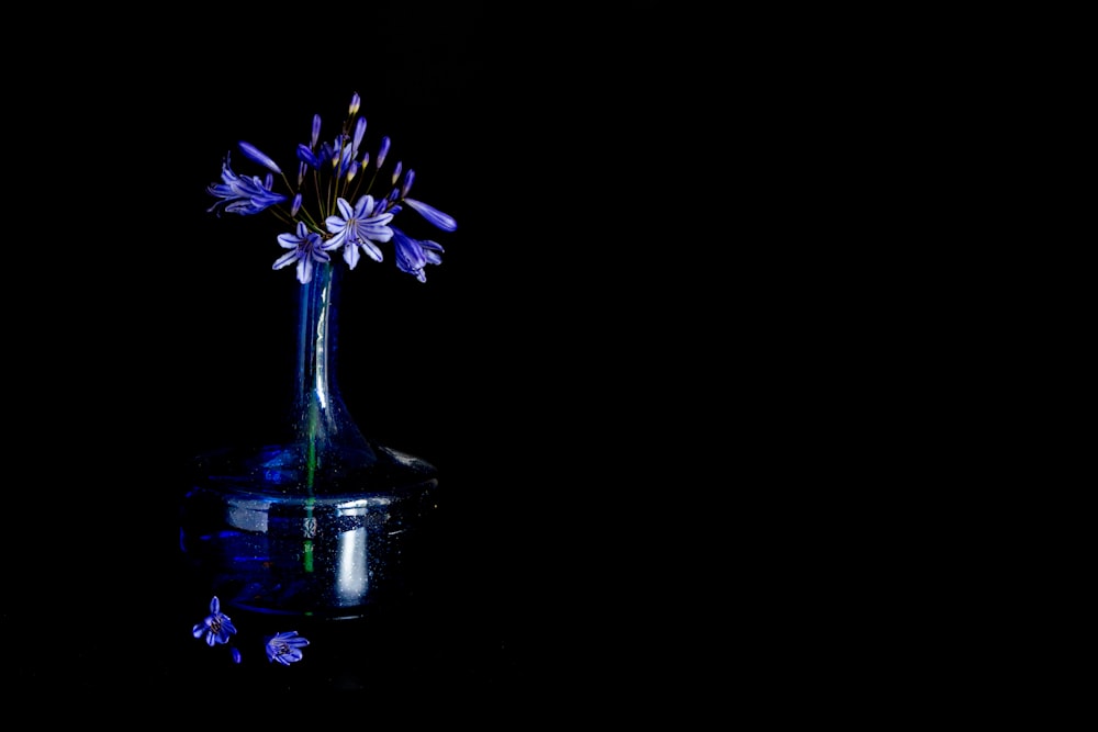 a blue vase filled with purple flowers on top of a table