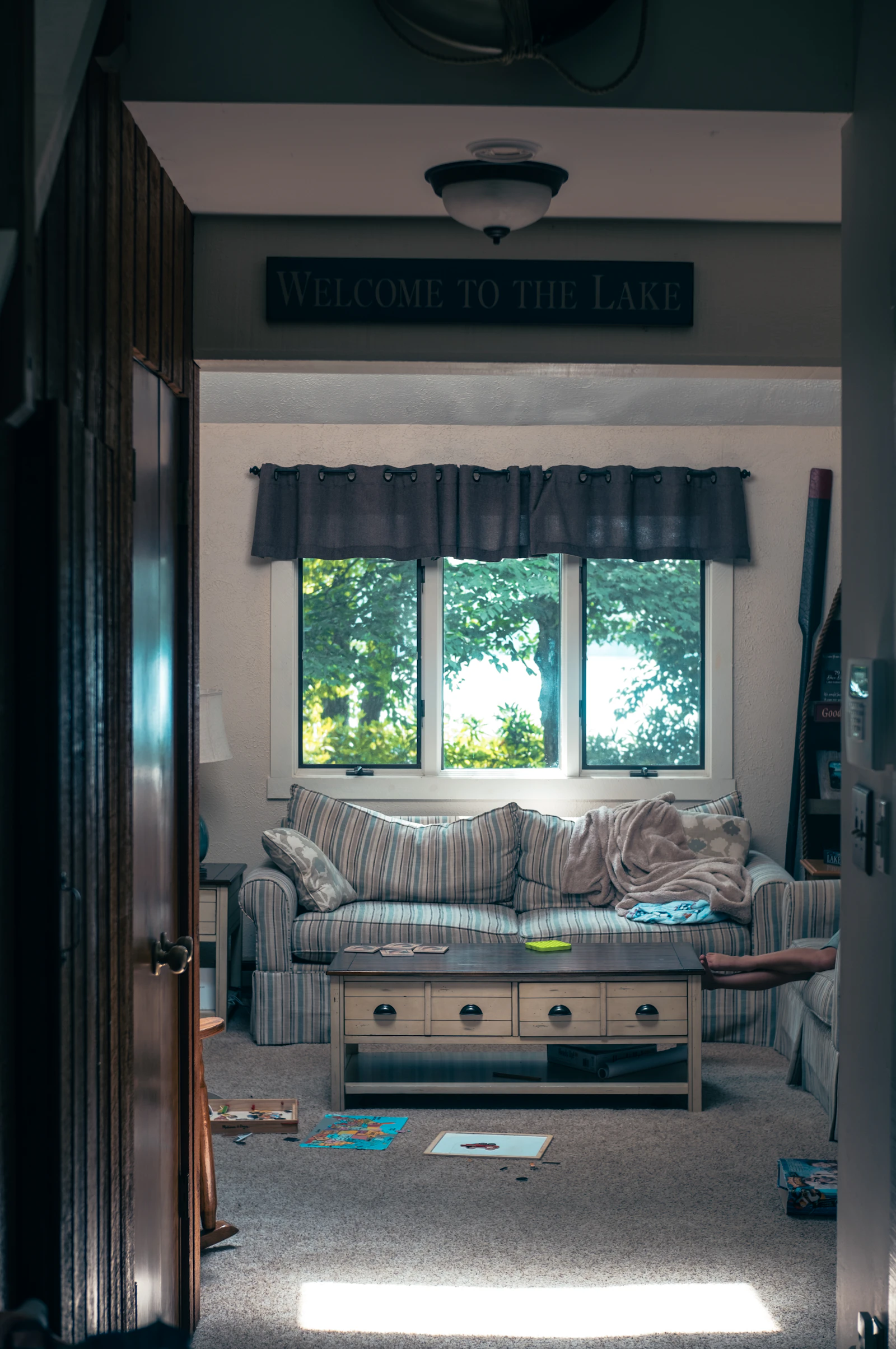 A lakeside second home at dusk