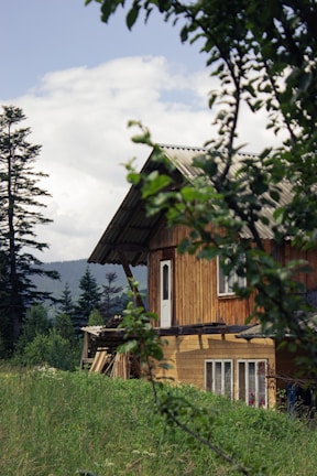 A wooden house is nestled in a lush green landscape with tall trees in the background. The sky is partly cloudy, and the foreground features branches with green leaves, creating a serene and natural setting.
