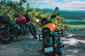 A lineup of Royal Enfield 350 classic bullets parked against a mountainous backdrop at dawn.