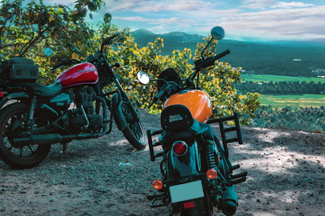 A lineup of Royal Enfield 350 classic bullets parked against a mountainous backdrop at dawn.