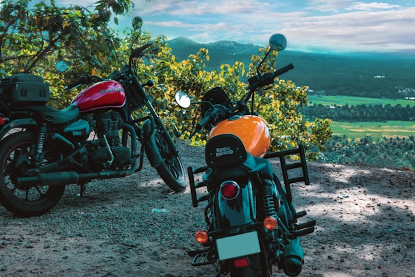 Two Royal Enfield motorcycles are parked on a gravel surface overlooking a scenic valley filled with lush greenery. The bikes are positioned near the edge of a rocky cliff surrounded by foliage, with a panoramic view of distant rolling hills under a clear blue sky.