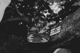 A camouflage-patterned cap with the words 'Israel Army' embroidered on it is placed on a tree branch. Next to the cap is a patch with military symbols. The background is filled with foliage and blurred natural elements.