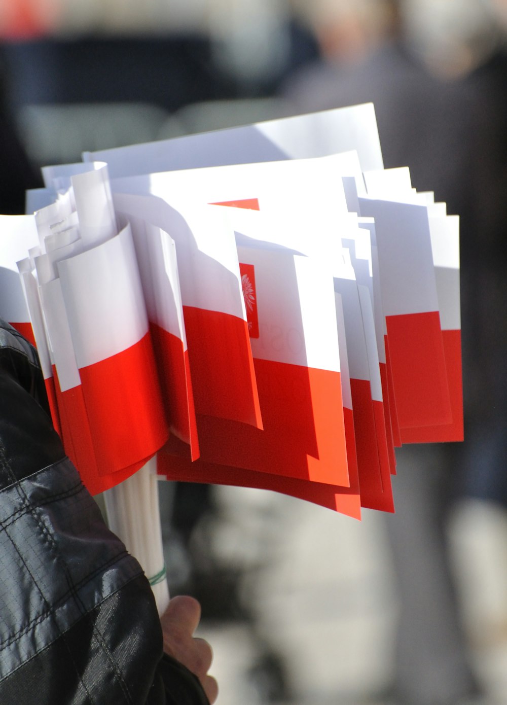 a person holding a bunch of red and white papers