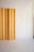 A minimalist interior featuring a vertical wooden panel against a smooth, light-colored backdrop. The panel displays a natural wood grain pattern and is positioned to one side, creating a subtle contrast with the plain surroundings.