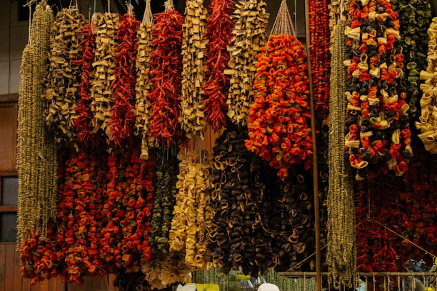 Multiple strands of dried vegetables and herbs, including red peppers, hung from the ceiling in a market setting. The arrangement appears vibrant and rustic, creating a display of texture and color.