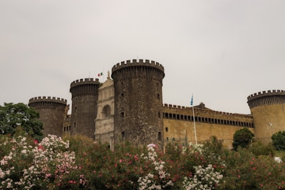 Close-up of the historic Alanya Castle walls with bright bougainvillea blossoms.
