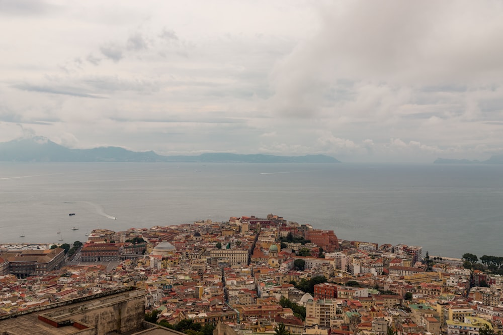 a view of a city with a body of water in the background