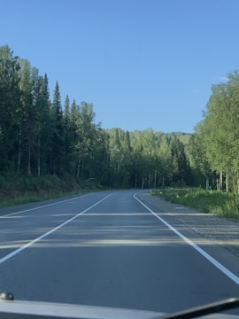 Freshly paved road curving through green, rolling hills under a blue sky.