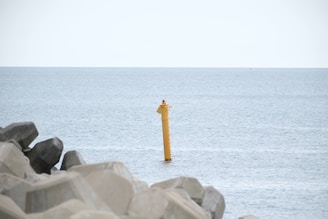 A yellow buoy is situated in a calm blue ocean, surrounded by large, gray, geometric sea wall structures in the foreground.