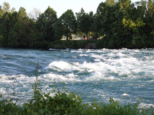 A vibrant river flows swiftly, with waves creating whitecaps as they move downstream. Dense green trees line the banks, providing a lush backdrop. In the distance, a couple of people stand on the riverside, possibly looking at the scenery.