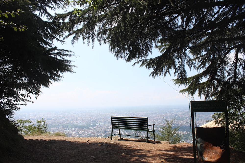 a bench sitting on top of a hill next to a forest