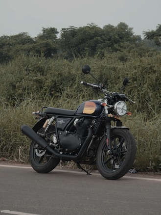 A classic-style motorcycle is parked on a paved road, surrounded by lush green foliage. The motorcycle has a black body with orange accents and features a round headlight, rearview mirrors, and a prominent exhaust pipe.