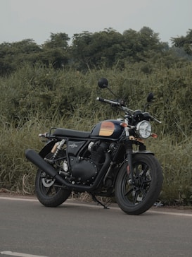A classic-style motorcycle is parked on a paved road, surrounded by lush green foliage. The motorcycle has a black body with orange accents and features a round headlight, rearview mirrors, and a prominent exhaust pipe.