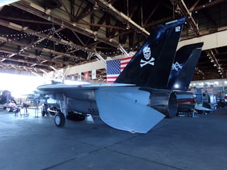 A military jet with a skull and crossbones emblem on its vertical stabilizer is stationed inside a hangar. The hangar's structural beams are visible above, and an American flag hangs in the background.