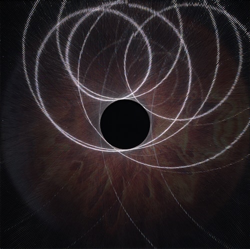 A central black circle is surrounded by intricate, overlapping arcs of white lines. These lines create an elaborate pattern against a dark, gradient background with subtle hues of red and brown. The design is dynamic, suggesting movement or rotation.