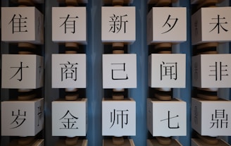 Several large white cubes with black Chinese characters are arranged in vertical columns against a blue background.