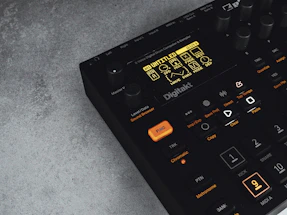 A sleek black-themed contact form interface with drum pad graphics