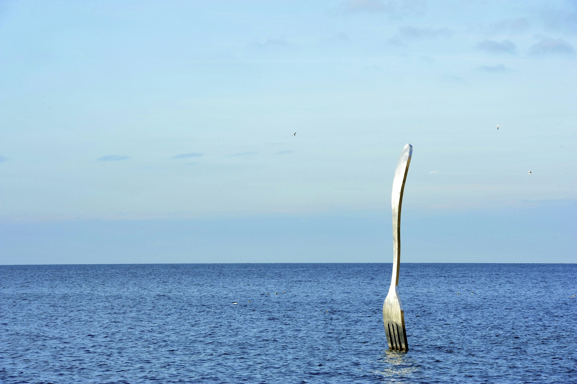 a fork sticking out of a body of water
