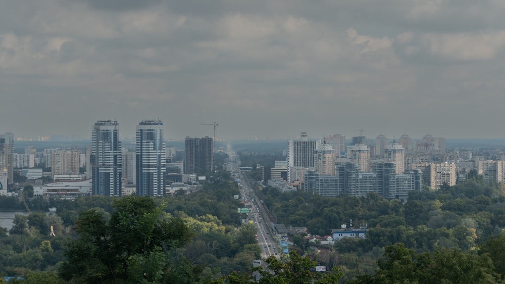 a view of a city with tall buildings