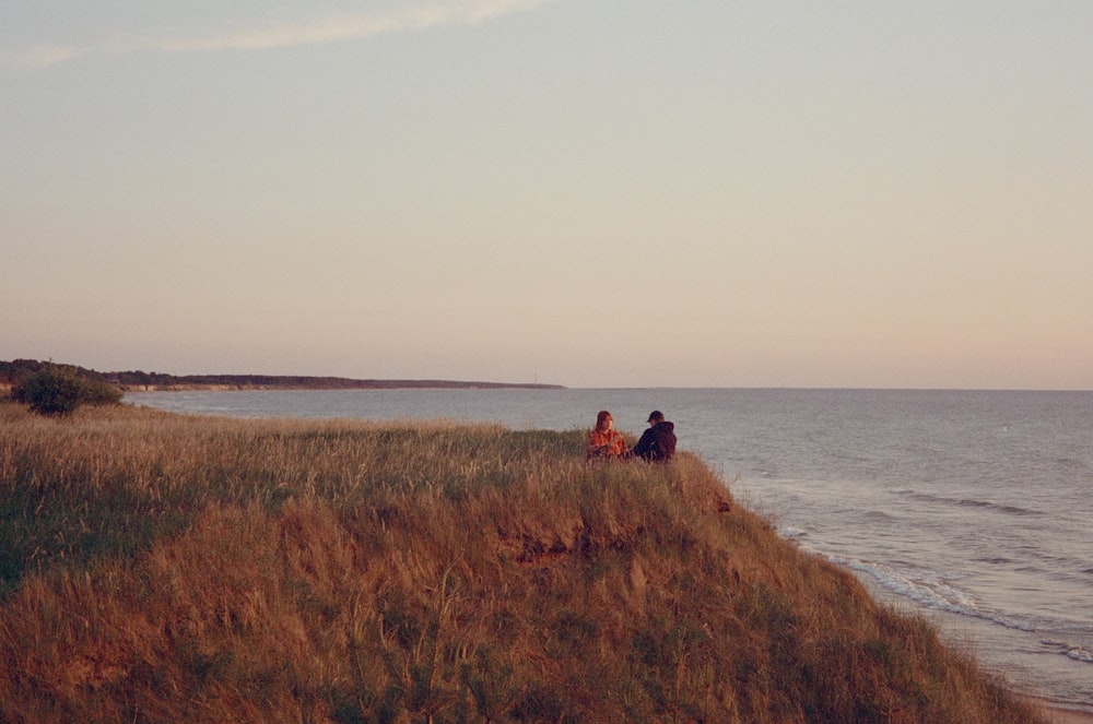 a couple of people sitting on top of a grass covered hillside