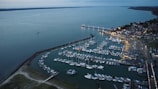An aerial view of a marina bustling with activity.