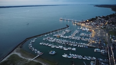 An aerial view of a marina bustling with activity.