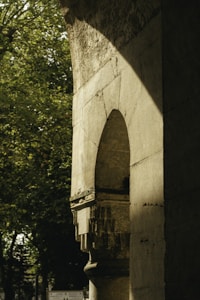 An ancient stone archway partially in shadow with intricate carvings on its surface. The surrounding area includes lush green trees, hinting at a historical structure situated near a forested area.