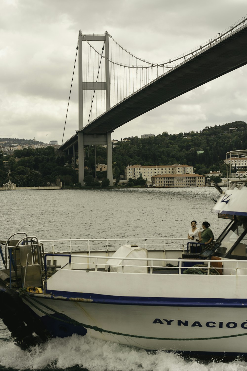 Un barco blanco y azul que viaja bajo un puente