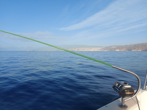 A calm ocean scene with a clear blue sky and distant mountains on the horizon. A fishing rod extends over the water from the edge of a boat, and a distant ship is visible on the horizon.