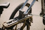 A close-up of a bike secured for transport.