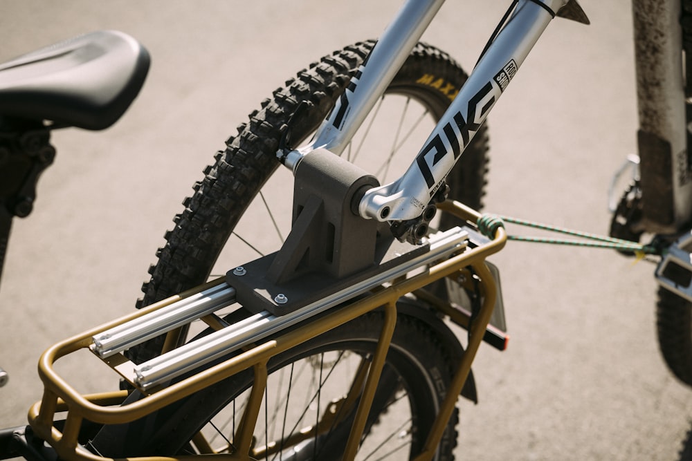 a close up of a bike with a bike rack