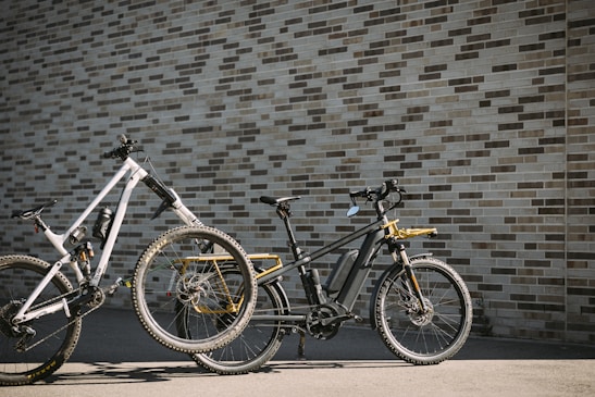 Bright bicycles lined up outdoors on a sunny day.