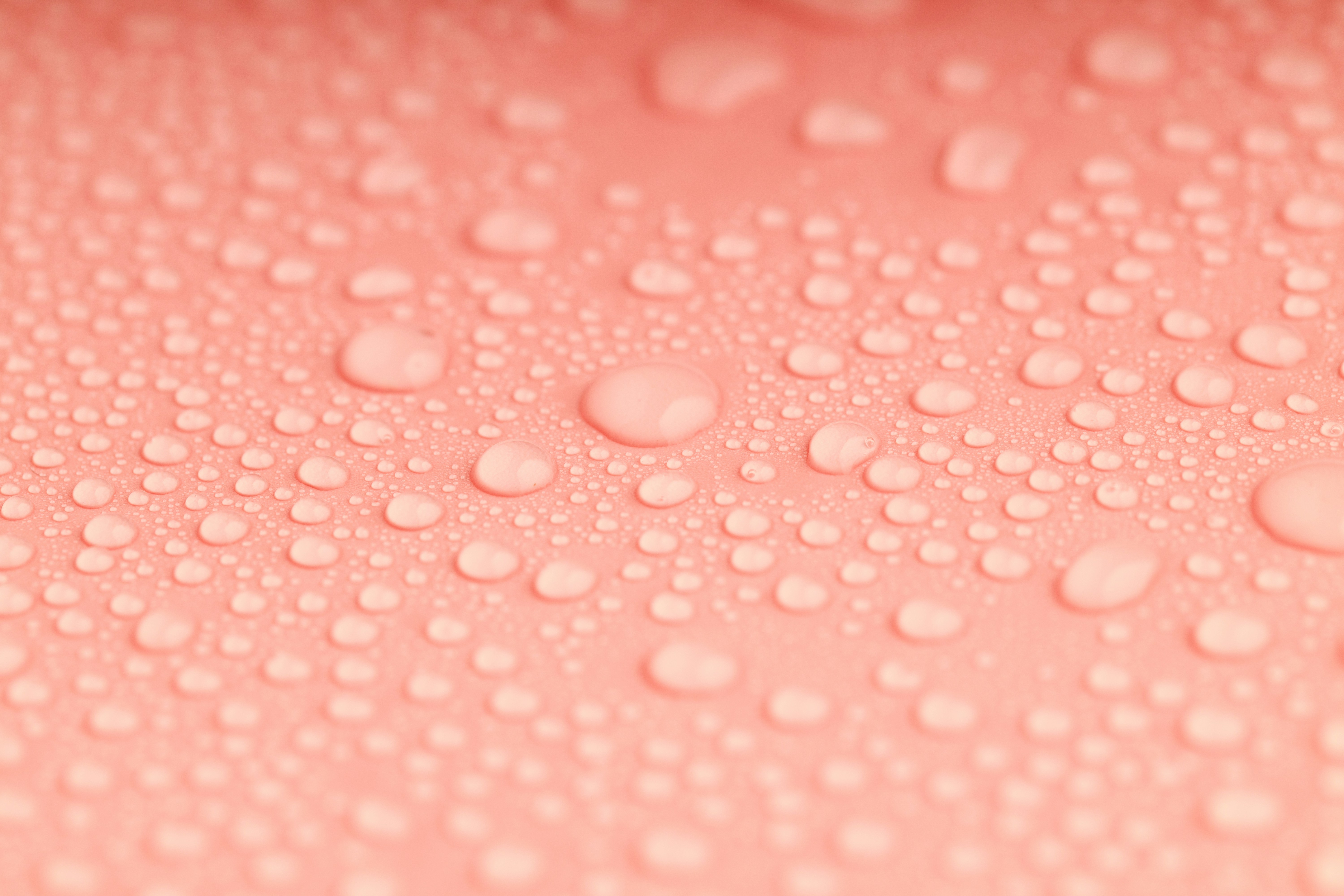 a close up of water droplets on a pink surface