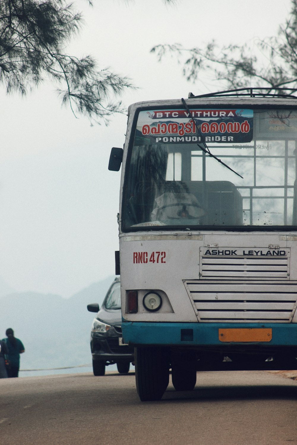 a white and blue bus driving down a street