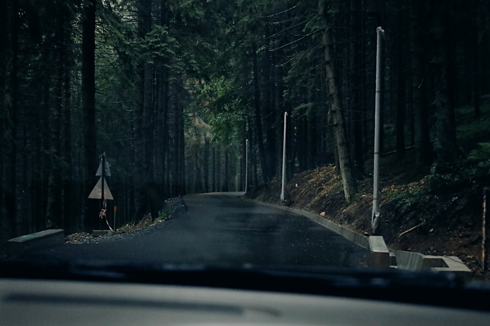 Un'auto che guida lungo una strada vicino a una foresta