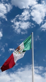 A large tricolor flag with green, white, and red vertical stripes waves on a flagpole. The flag features a detailed emblem with an eagle and a snake in the center stripe. The background is a bright blue sky scattered with fluffy white clouds.