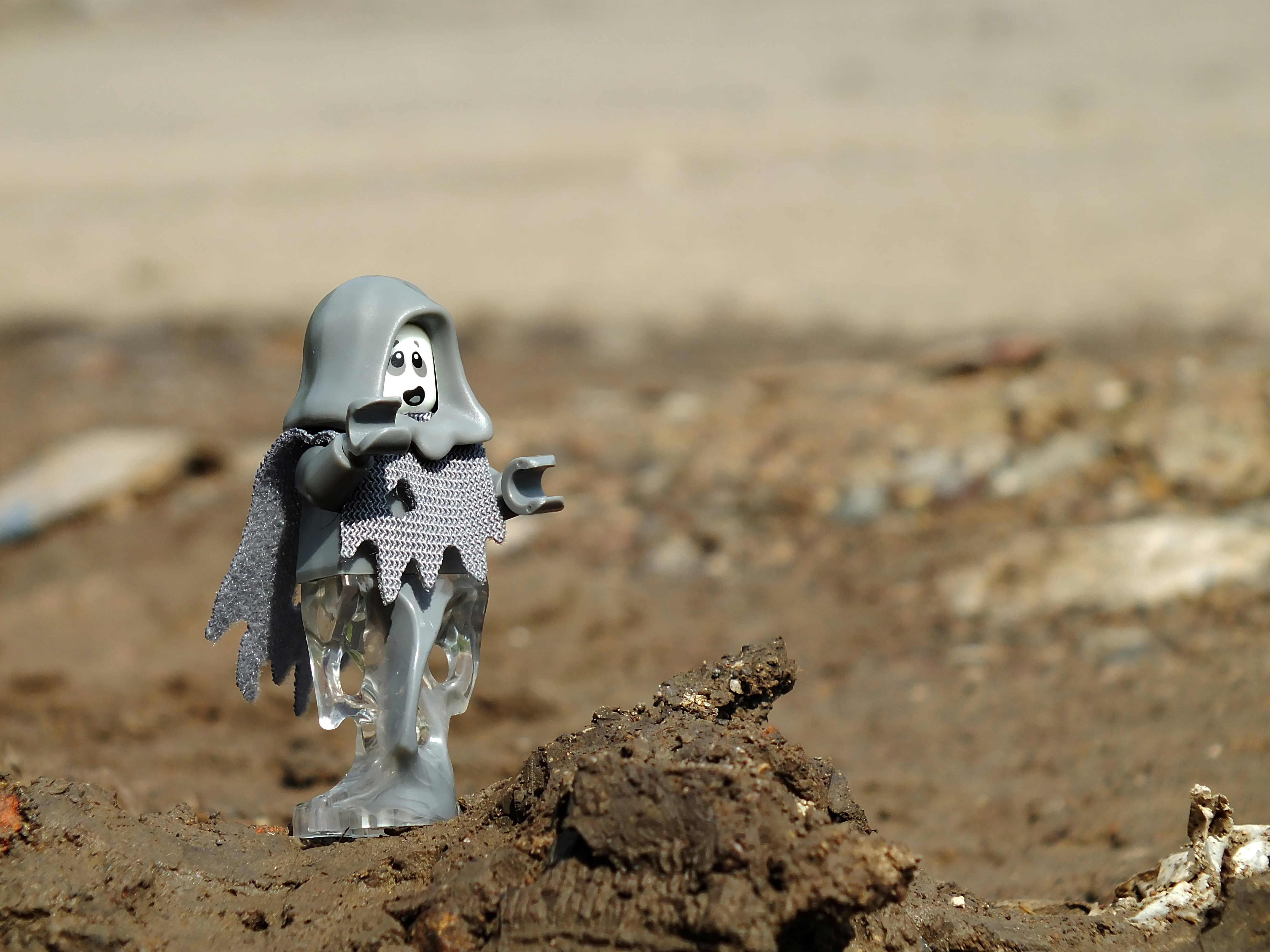 a toy figure is standing in the dirt