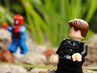 Two Lego figures are seen outdoors among rocks and grass. One is closer, wearing a black outfit with brown hair, appearing to look towards the other figure. The distant figure is blurred, dressed in blue and red, set against a green background.