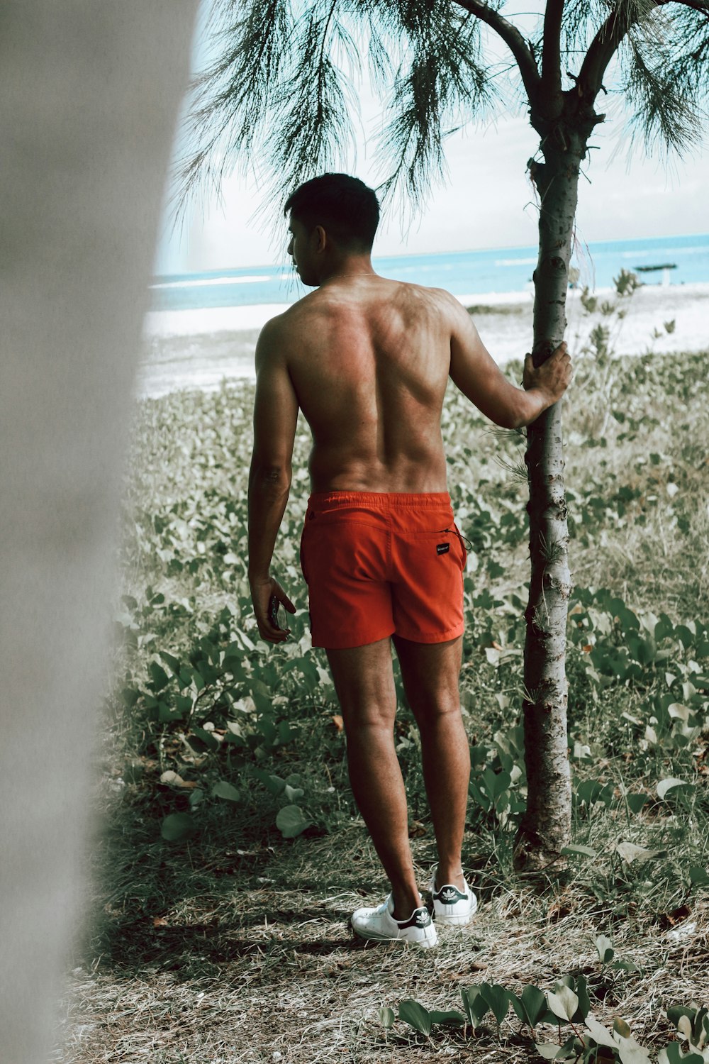 a shirtless man walking on a beach next to a tree