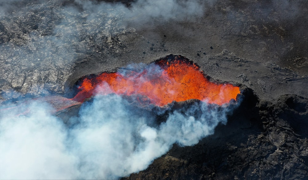 an aerial view of a lava flow in the ocean