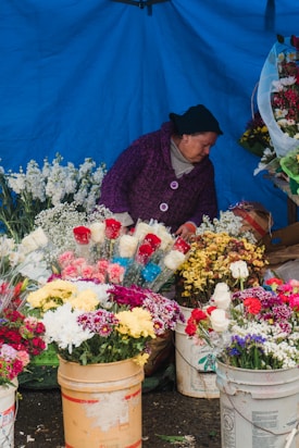 An elderly woman, wearing a purple coat and a dark hat, tends to a flower stall filled with various colorful flowers. The flowers are arranged in buckets, featuring roses, daisies, and other vibrant blossoms in shades of red, white, pink, yellow, and purple. The stall is set against a blue backdrop.