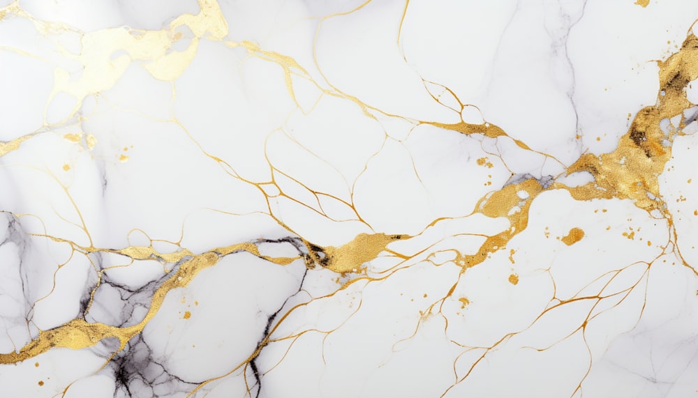 a close up of a marble surface with gold paint