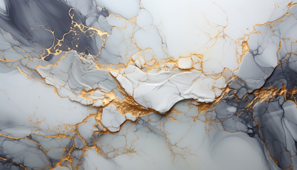 a white and gold marble with gold accents