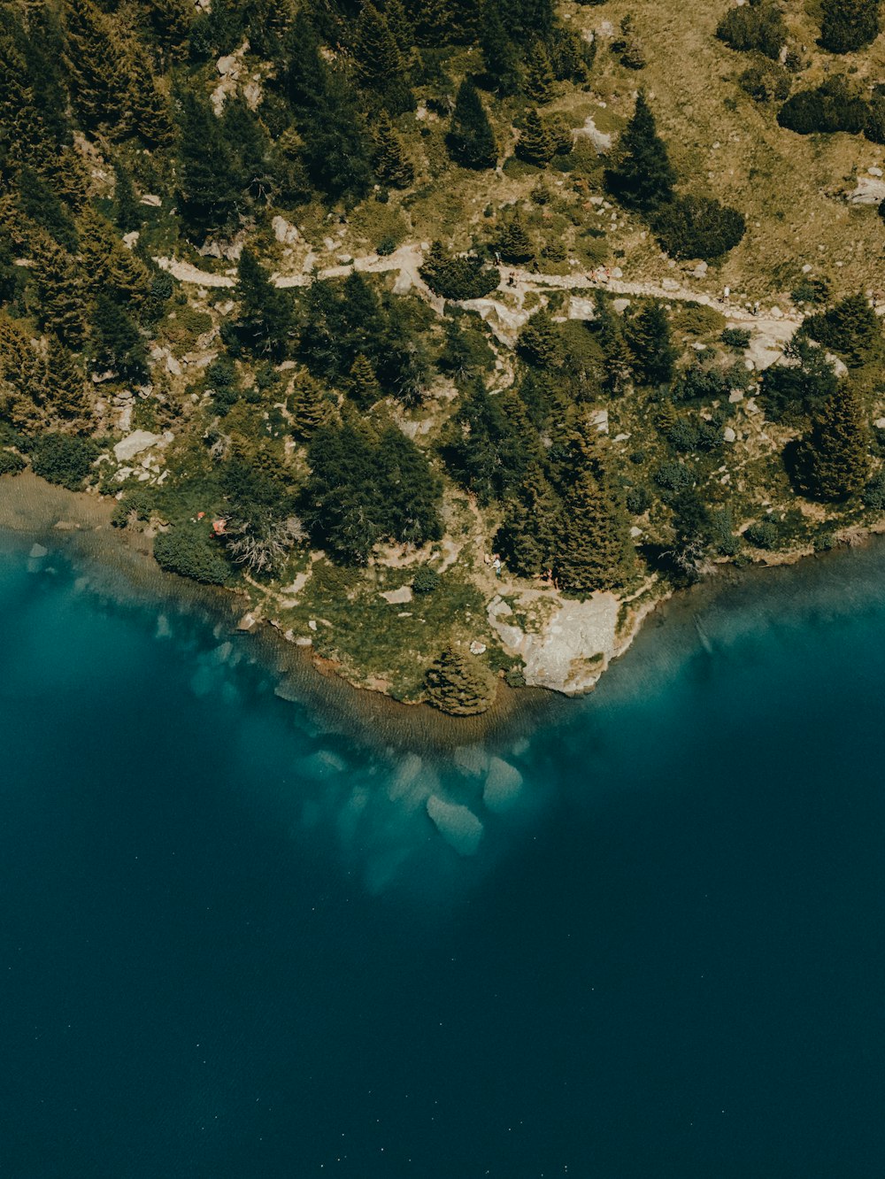 an aerial view of a small island in the middle of a lake